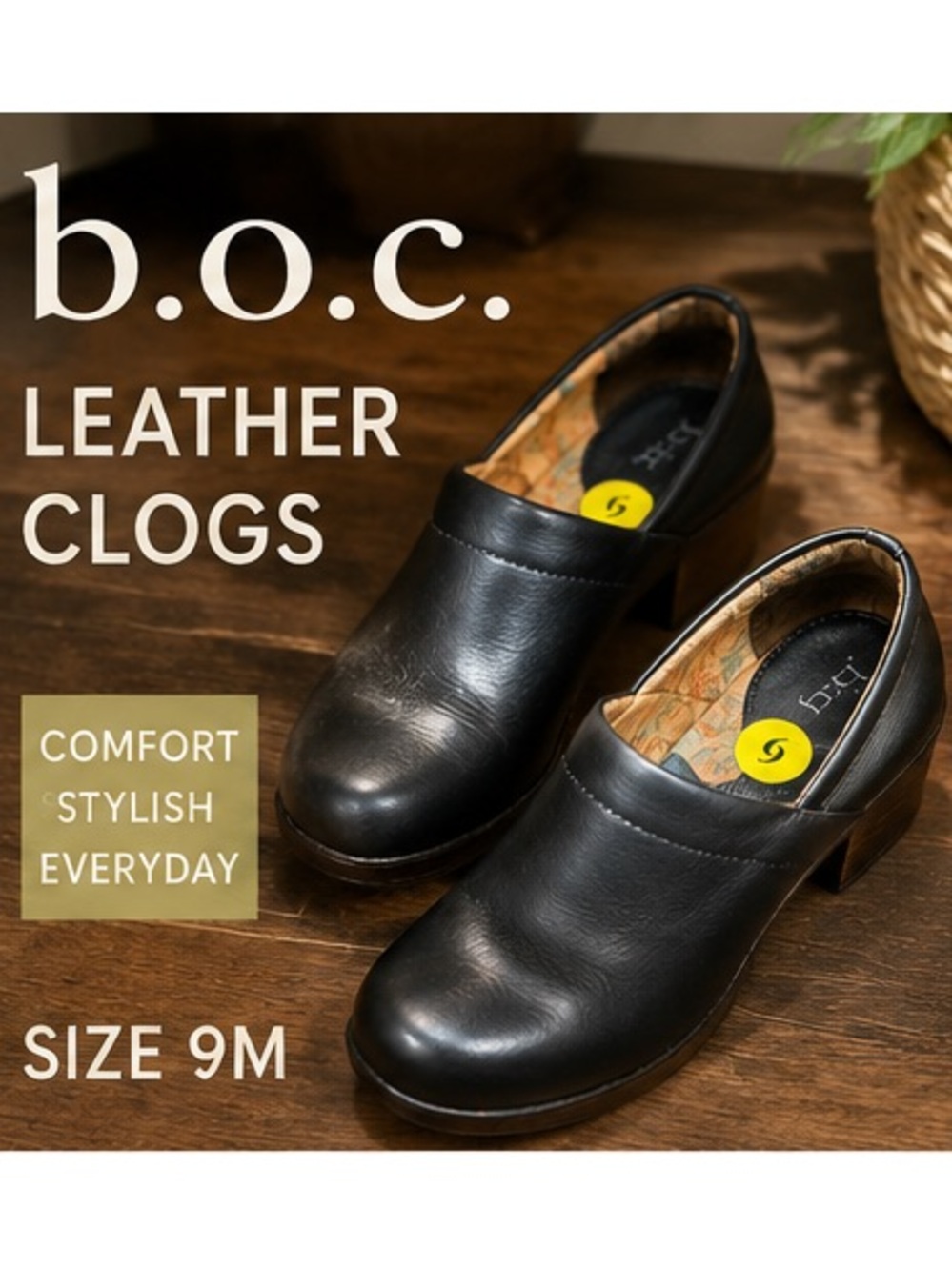 b.o.c. Black Leather Clogs Women’s 9M Comfort Slip On Faux Wood Heel